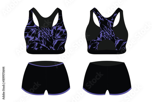 Stylish purple and black sports bra and shorts set for activewear and fitness enthusiasts
