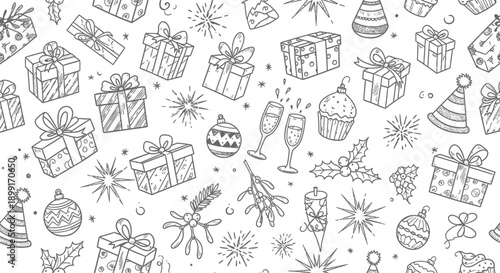Holiday Gifts and Decorations, Christmas Party Illustration, Joyful Atmosphere, Whimsical Design