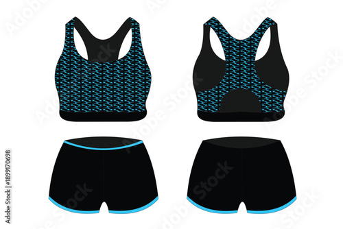 Black Athletic Sports Bra and Shorts Set with Blue Pattern for Fitness and Exercise