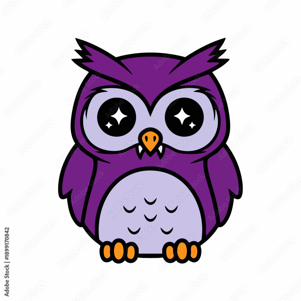 Obraz premium Cute purple cartoon owl with big sparkling eyes.