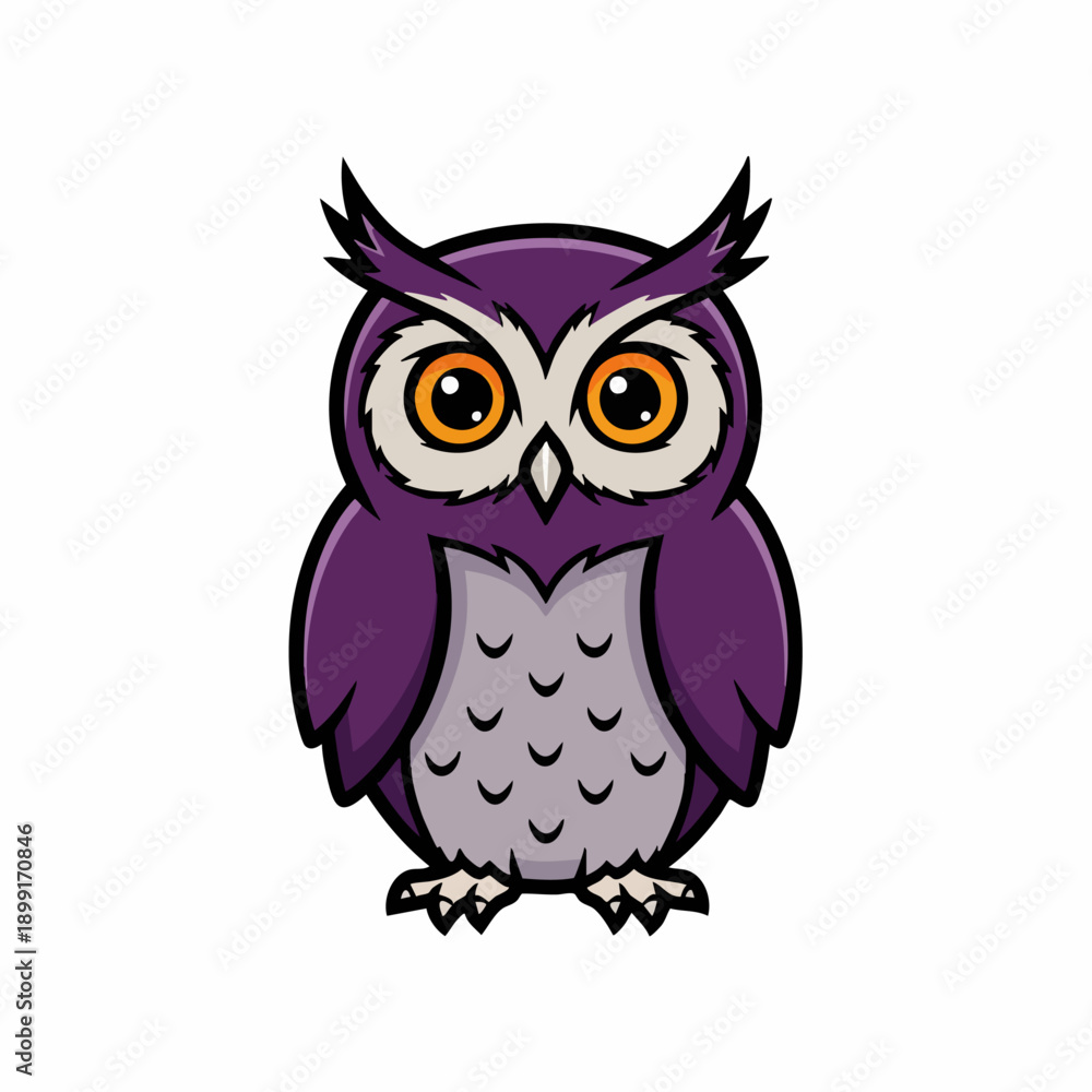 Obraz premium Cartoon Purple Owl with Big Orange Eyes and Feathered Horns Illustration.
