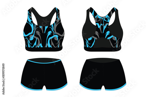 Stylish Sports Bra and Shorts Set with Vibrant Blue and Black Abstract Patterns