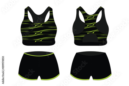 Black Sports Bra and Shorts with Neon Green Accents for Active Wear and Fitness Activities