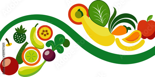 Healthy Organic Food Background with Fruits, Vegetables and Green Leaves Wave Banner Vector.