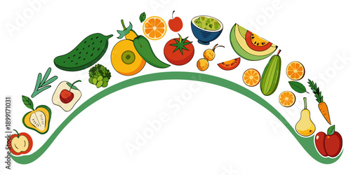 Healthy Organic Food Background with Fruits, Vegetables and Green Leaves Wave Banner Vector.