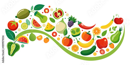 Healthy Organic Food Background with Fruits, Vegetables and Green Leaves Wave Banner Vector.