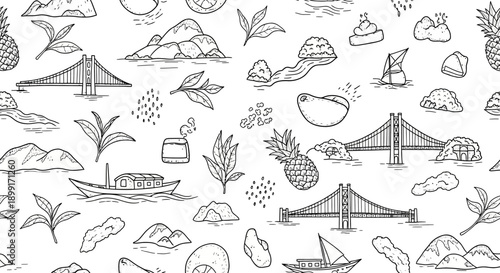 Scenic Illustration of Natural Landscapes and Cultural Icons, Featuring Tropical Elements and Maritime Vessels