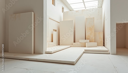 Interior architectural abstract space with geometric shapes and textured walls in soft neutral tones with natural light