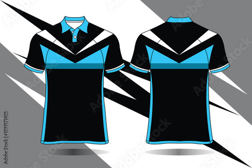 Modern Black and Blue Sporty Polo Shirt Design with Geometric Patterns for Athletes