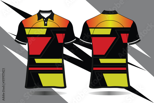 Modern Dynamic Sports Polo Shirt Design with Vibrant Colors and Geometric Patterns
