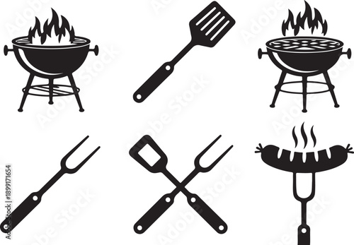 Barbecue grill tools and utensils icons with spatula fork and tongs black silhouette
