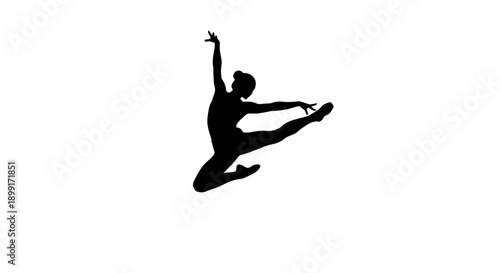 Dynamic silhouette of a ballet dancer performing an elegant leap against a clean white background, showcasing grace and athletic form.