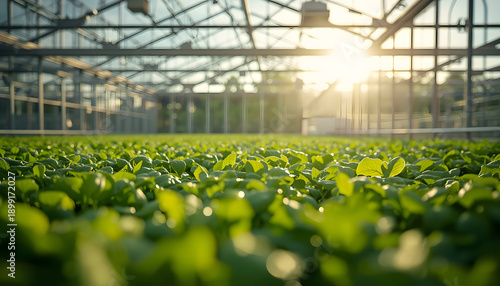 Rows of vibrant green seedlings thriving under the warm glow of the sun in a modern, expansive greenhouse facility
