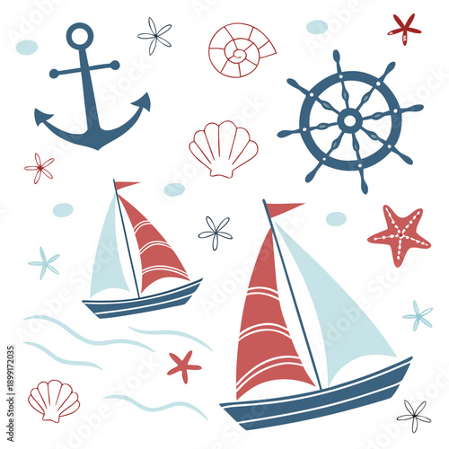 Nautical illustration with sailboats and seashells