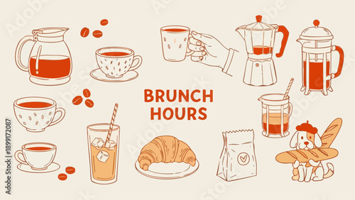 Brunch Hours Illustration with Coffee, Croissant, and Dog with Baguette.