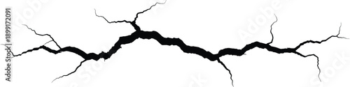 Cracked ground fracture line isolated on white background with rough broken texture. Abstract crack illustration symbolizing damage, stress, separation, or destruction. Minimal graphic element ideal 