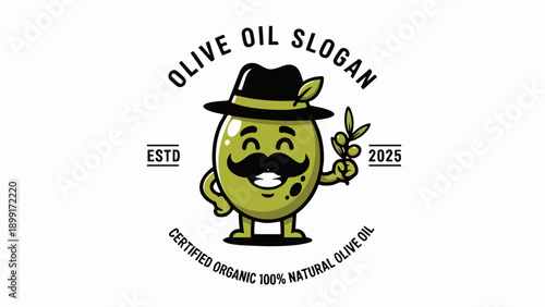 Olive Oil Mascot with Mustache and Hat Cartoon Character.