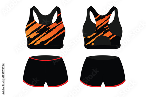 Stylish Black and Orange Sports Bra and Shorts Set for Active Wear and Fitness Training