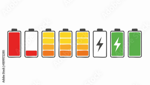 Set of battery charge level indicator icons from low to full.