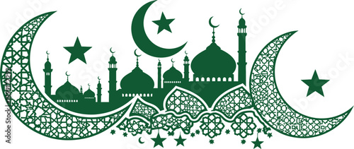 Green Islamic crescent moon with mosque silhouette, stars, and ornate arabesque pattern on white background. Festive Eid and Ramadan celebration artwork ideal for banners, cards, invitations.