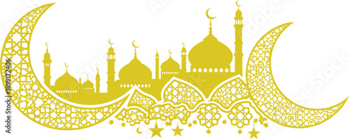 Golden Islamic crescent moon with mosque silhouette and ornate decorative pattern on white background. Elegant Eid and Ramadan celebration design ideal for banners, cards, invitations, and religious 