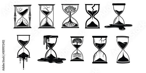 Collection of artistic hourglass silhouettes showing time passing with creative liquid, sand, and nature concepts. Abstract black and white timer illustrations ideal for symbolism, posters, background