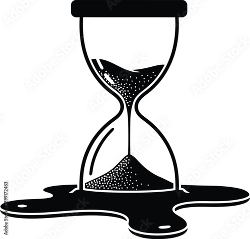 Melting hourglass with flowing sand forming a liquid puddle on white background. Conceptual black silhouette symbolizing time, urgency, and impermanence. Minimal abstract illustration ideal for poster