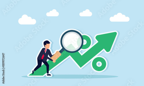 Businessman using magnifying glass to analyze percentage sign on rising arrow illustrating business performance improvement analysis