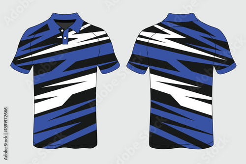 Stylish Blue and Black Polo Shirt Design with Dynamic Patterns and Vivid Colors