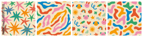 Set of colorful funny seamless pattern for children or maximalist background. Multi color creative hand drawn doodle toy texture, organic animal print illustration, celebration star design drawing.