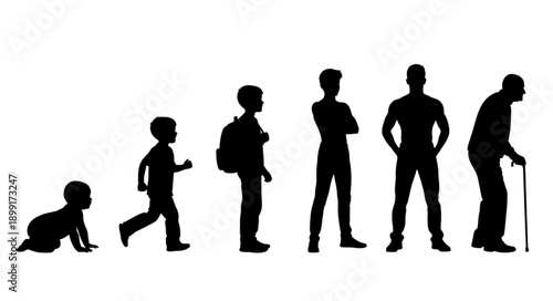 Human life cycle stages silhouette from baby to elderly man.