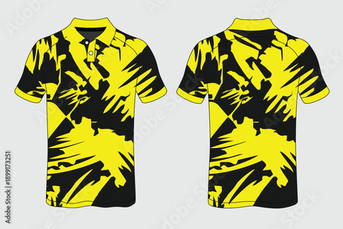 Bright Yellow and Black Abstract Pattern Polo Shirt Design for Modern Fashion
