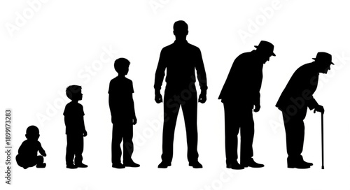 Human life cycle stages silhouette from baby to elderly man.