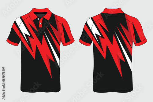 Stylish Red and Black Sports Polo Shirt with Bold Lightning Design for Active Wear Enthusiasts
