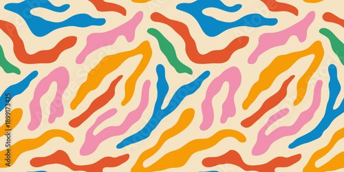 Colorful animal print style seamless pattern. Hand drawn multi color organic stripe background illustration. Zebra stripes wallpaper art texture, fun creative leopard fur cartoon repeat design.