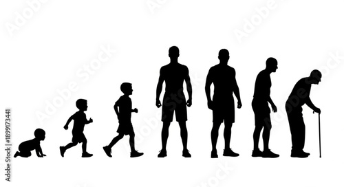 Human life cycle stages silhouette from baby to elderly person.
