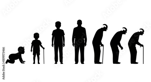 Human life cycle stages silhouette from baby to elderly person.