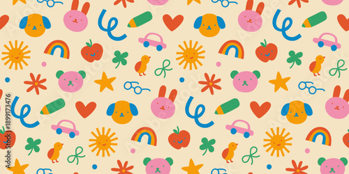 Colorful funny children doodle icon seamless pattern. Cute happy kid drawing symbol wallpaper print, diverse education concept background illustration texture.
