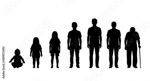 Human life cycle stages silhouette from baby to elderly person.