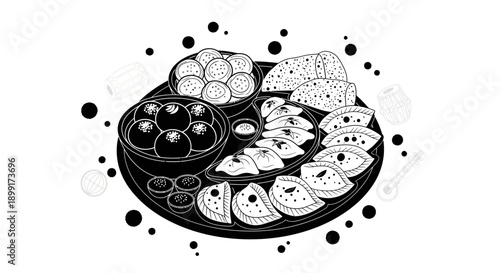 Black and white illustration of a traditional Indian thali meal with various dishes and sweets.
