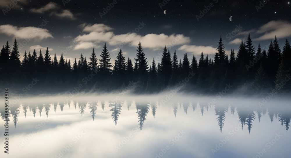 Fototapeta premium A serene nocturnal lakeside landscape bathed in ethereal moonlight reflecting off calm waters amidst a tranquil forest of towering evergreens under a star-studded sky