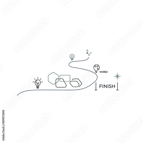 Conceptual illustration of a winding path with obstacles and ideas leading to a finish line.