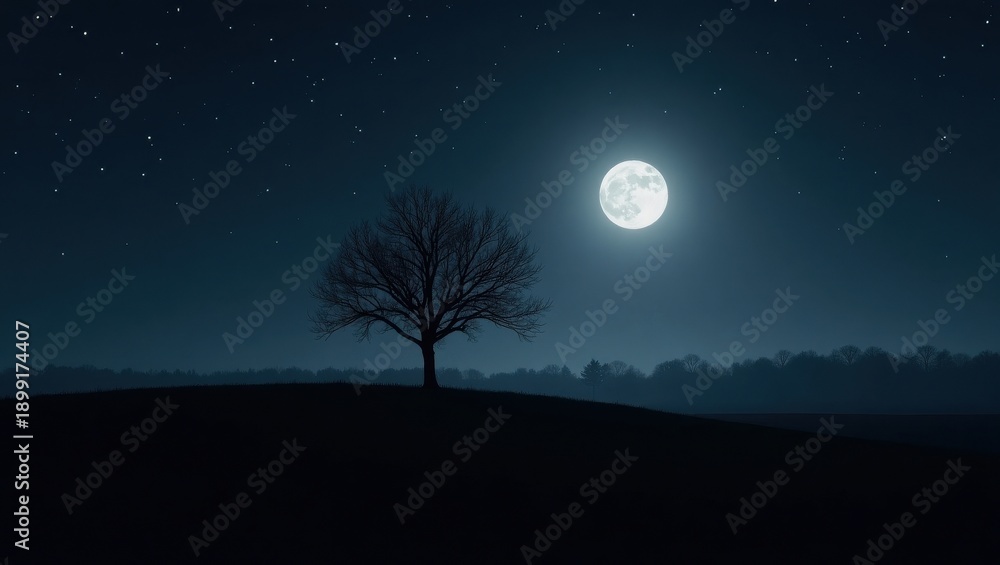 Fototapeta premium A solitary tree stands under a full moon in a vast, dark landscape