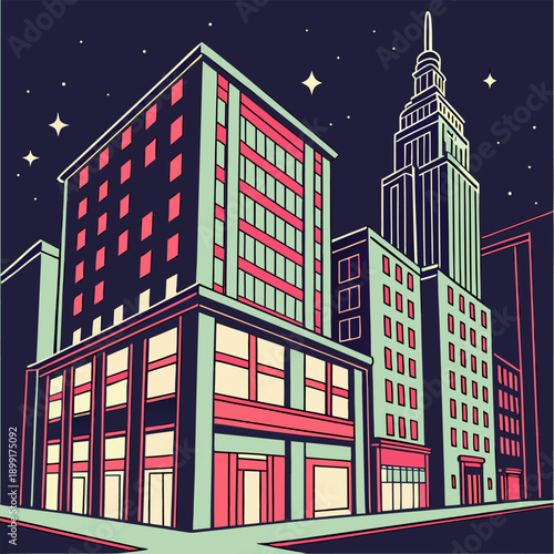 Cityscape buildings in retro comic book style with dark blue night sky and neon lighting for urban illustration.