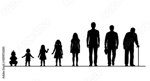 Human life cycle stages silhouette progression from baby to elderly man.