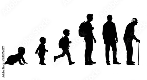 Human life cycle stages silhouette progression from baby to elderly man.