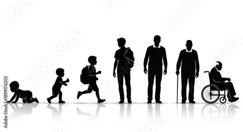 Human life cycle stages silhouette progression from baby to elderly man in wheelchair.
