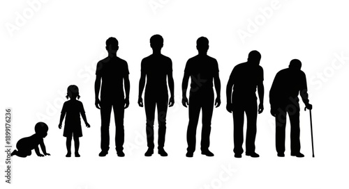 Human life cycle stages silhouette from baby to elderly person.