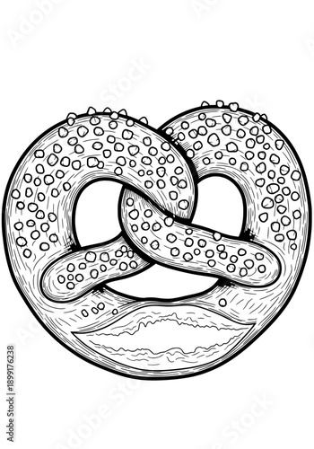 Illustration of twisted pretzel bread showcasing sesame seeds, baking vectors, and artisanal food in a detailed close-up view