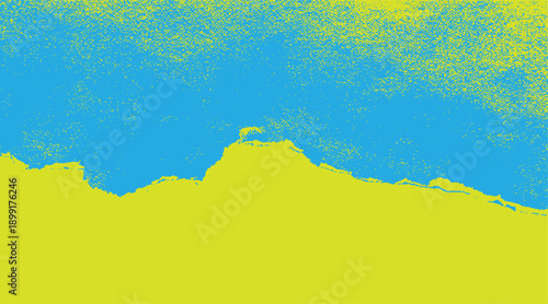 Yellow and blue abstract background with textured speckles and jagged edges. A vibrant color field with a distressed overlay